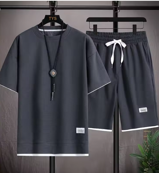 2 Piece Breathable Tracksuit Set, Casual T-shirt and Shorts, Solid Color Loose Tracksuit, Waffle, Summer Suits, 3XL